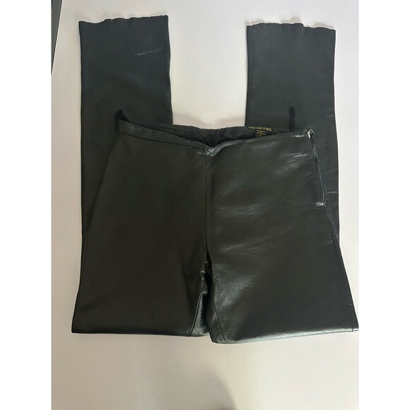 Oscar Piel Black Leather Pants Vintage Raw Hem Boot Cut Y2K 32X33 Side Zip EUC - Picture 1 of 5